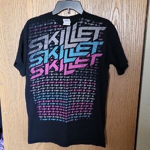 Skillet Band Black T-Shirt with Blue,Pink, And Grey Graphic